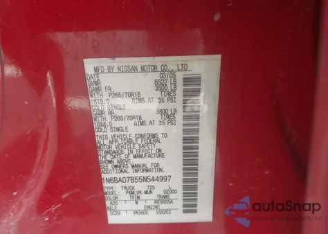 2005 Nissan Titan Le from USA, damaged, VIN 1N6BA07B55N544997